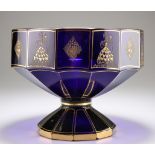 A BOHEMIAN BLUE AND GILT GLASS PEDESTAL BOWL, CIRCA 1875