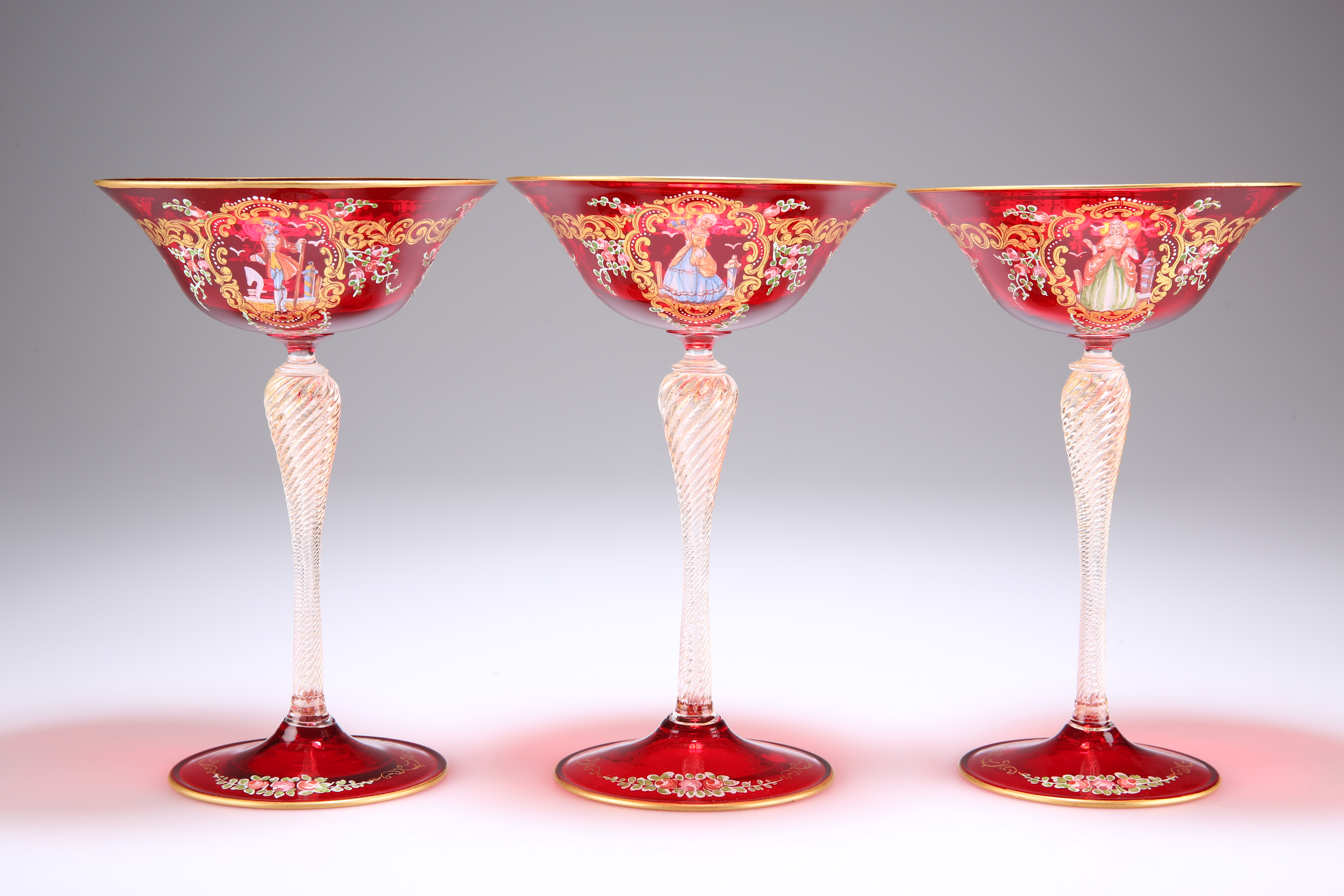 A SET OF THREE VENETIAN RUBY GLASS CHAMPAGNE COUPES - Image 2 of 6