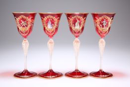 A SET OF FOUR VENETIAN RUBY GLASS WINES