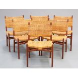 HANS J. WEGNER A SET OF SIX CARL HANSON AND SON DANISH TEAK AND RATTAN DINING CHAIRS