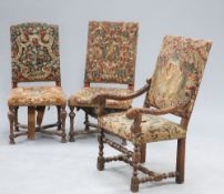 A GROUP OF THREE 17TH CENTURY STYLE WALNUT AND NEEDLEWORK UPHOLSTERED CHAIRS