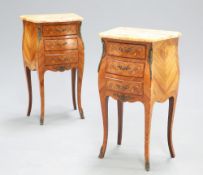 A PAIR OF FRENCH FLORAL MARQUETRY AND KINGWOOD MARBLE TOPPED CHESTS