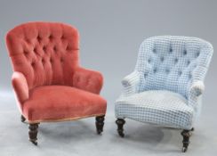 TWO VICTORIAN DEEP BUTTON UPHOLSTERD COUNTRY HOUSE ARMCHAIRS