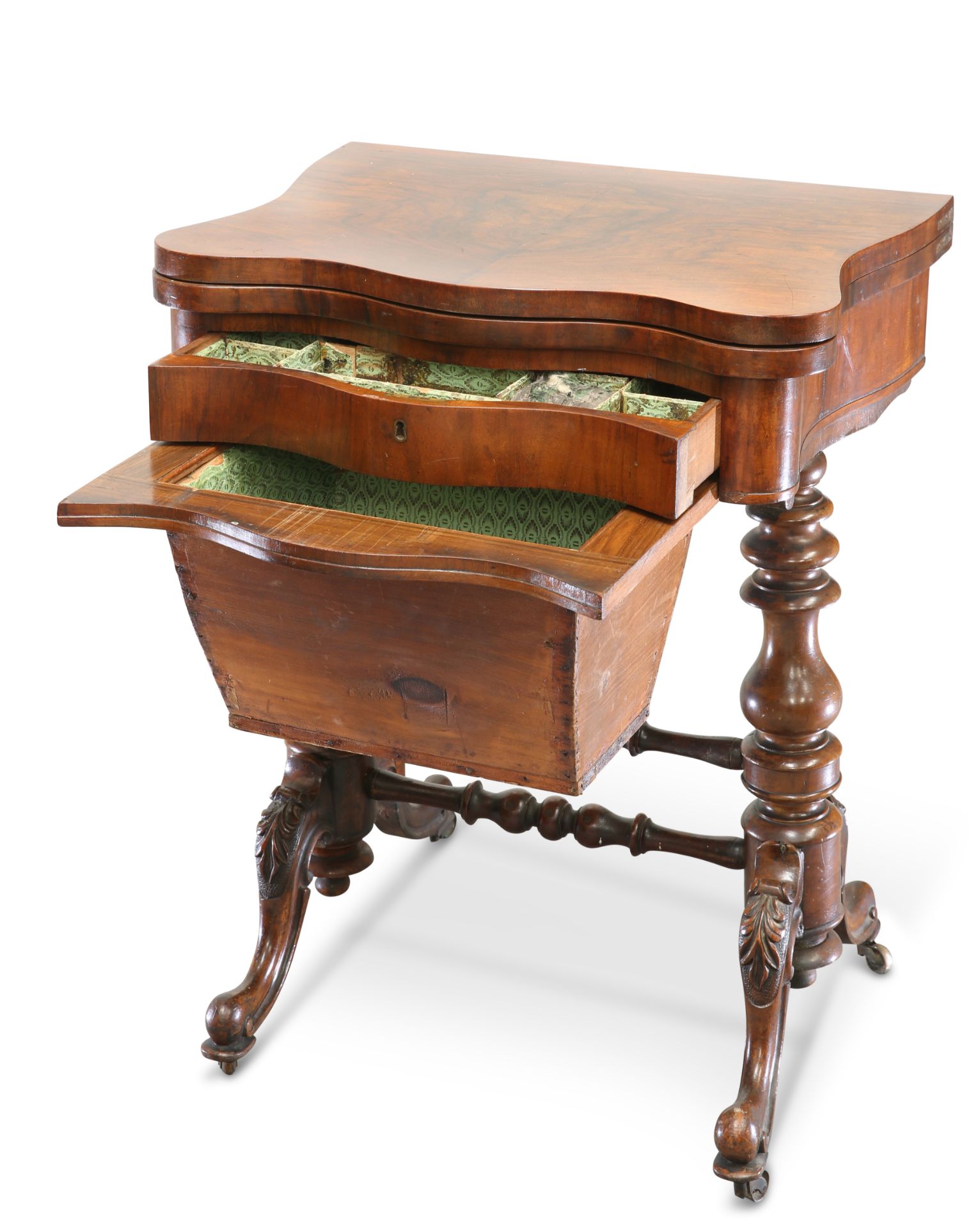 A VICTORIAN WALNUT GAMING AND SEWING TABLE - Image 4 of 4