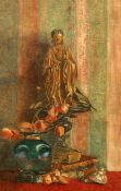 19TH CENTURY SCHOOL, STILL LIFE OF BUDDHA FIGURE, BOOKS AND FRUIT