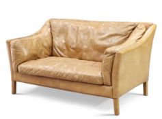 A CONTEMPORARY BROWN LEATHER TWO-SEATER SOFA