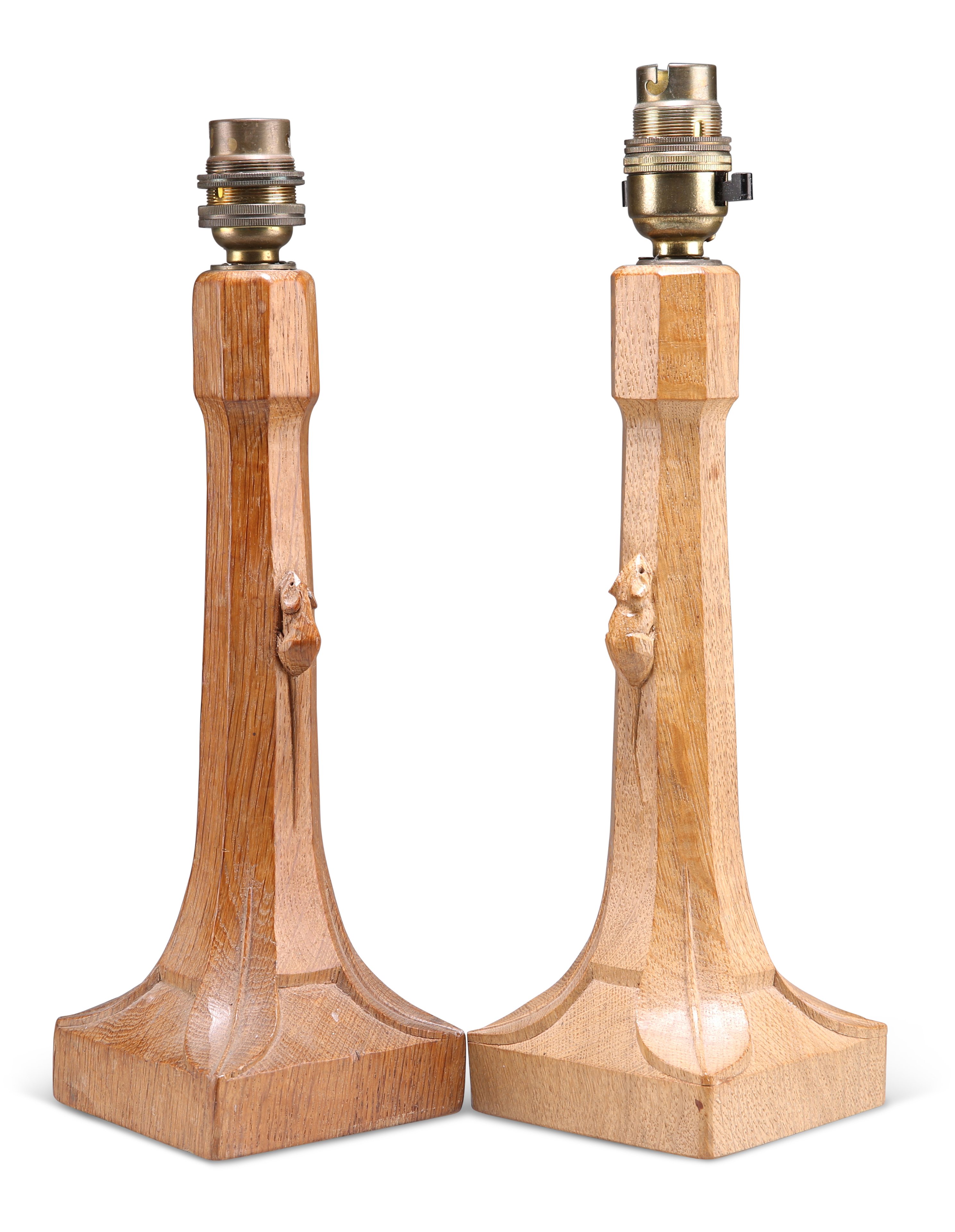 ROBERT THOMPSON, TWO MOUSEMAN OAK TABLE LAMPS