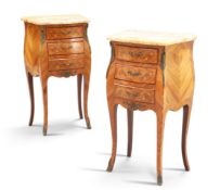 A PAIR OF FRENCH FLORAL MARQUETRY AND KINGWOOD MARBLE TOPPED CHESTS