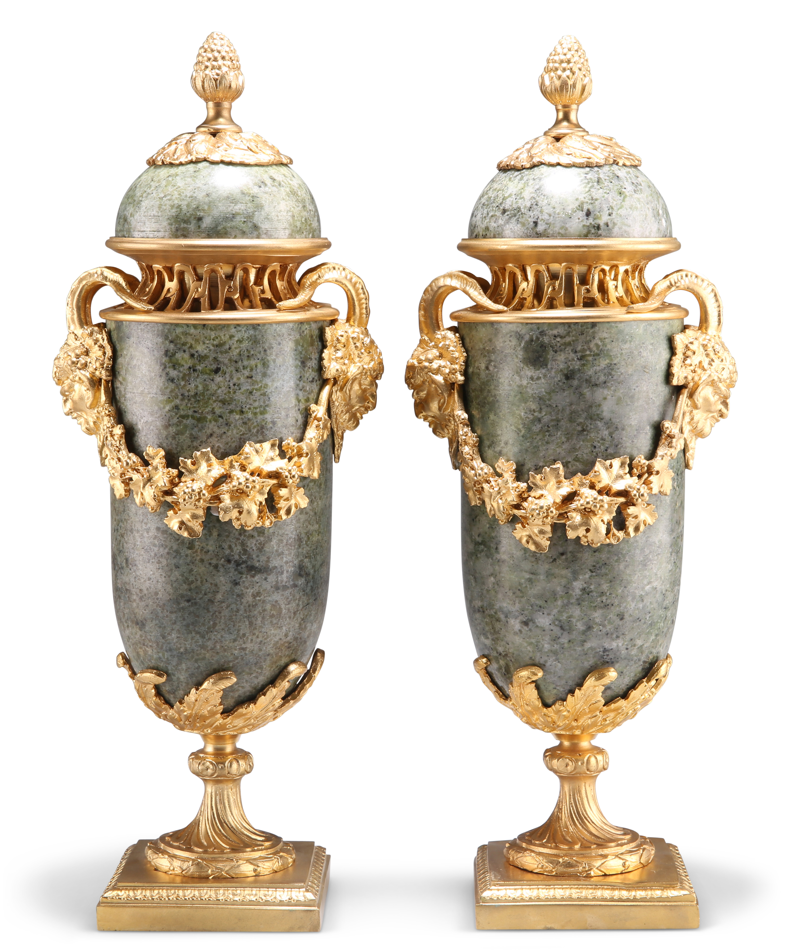 A PAIR OF LOUIS XVI STYLE ORMOLU-MOUNTED GREEN MARBLE CASSOLETTES