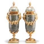 A PAIR OF LOUIS XVI STYLE ORMOLU-MOUNTED GREEN MARBLE CASSOLETTES
