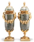 A PAIR OF LOUIS XVI STYLE ORMOLU-MOUNTED GREEN MARBLE CASSOLETTES