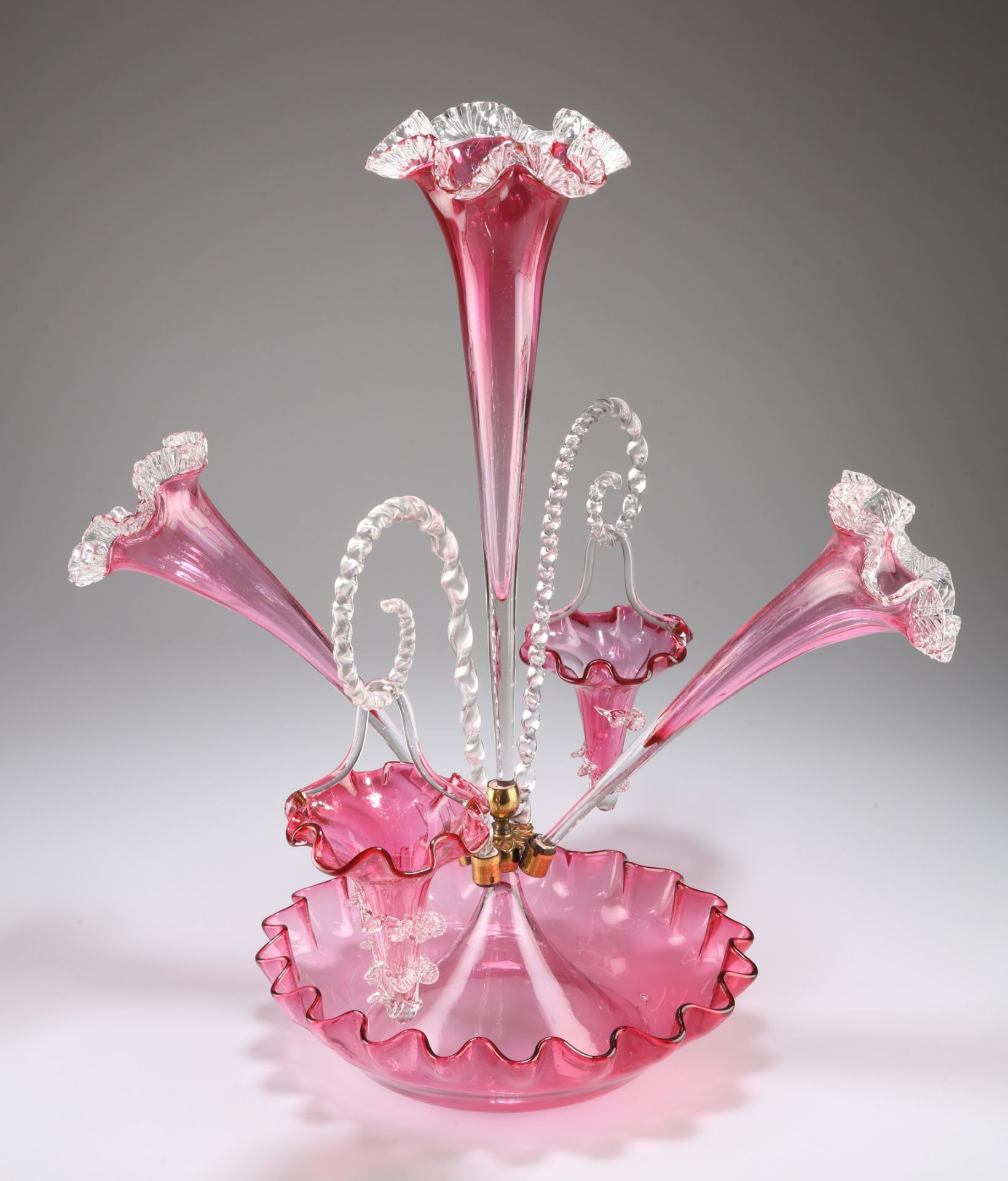 A VICTORIAN CRANBERRY GLASS EPERGNE