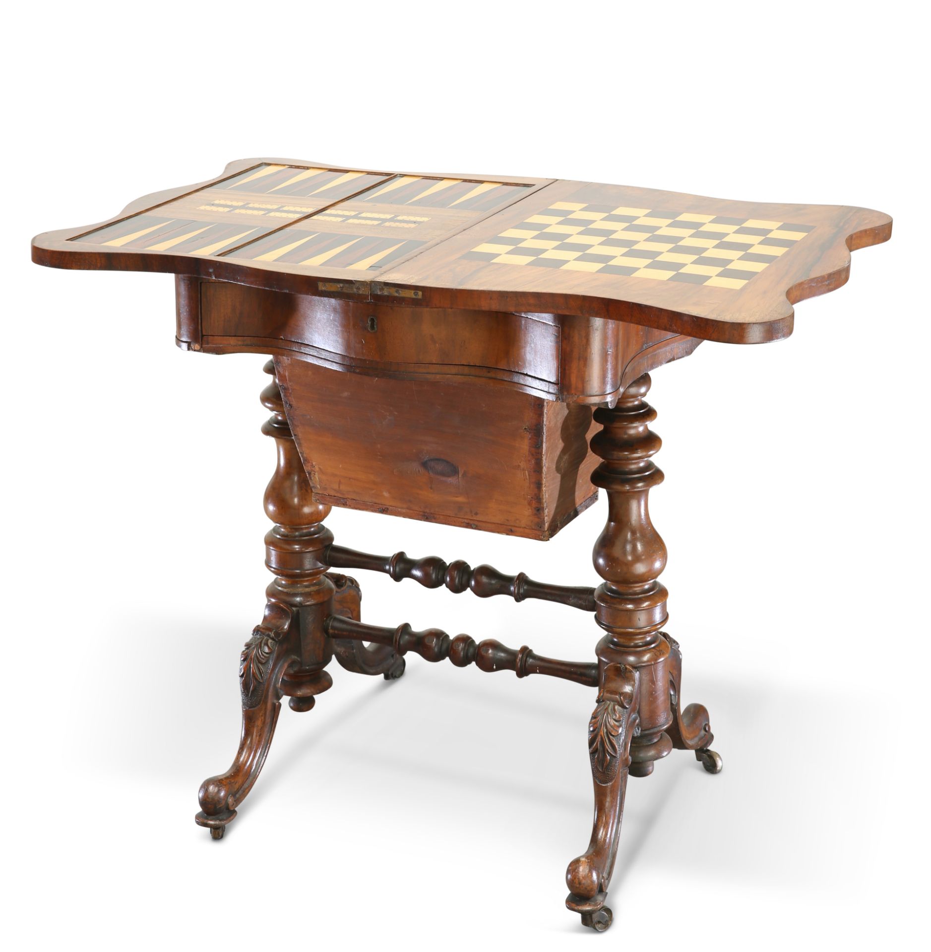 A VICTORIAN WALNUT GAMING AND SEWING TABLE - Image 2 of 4