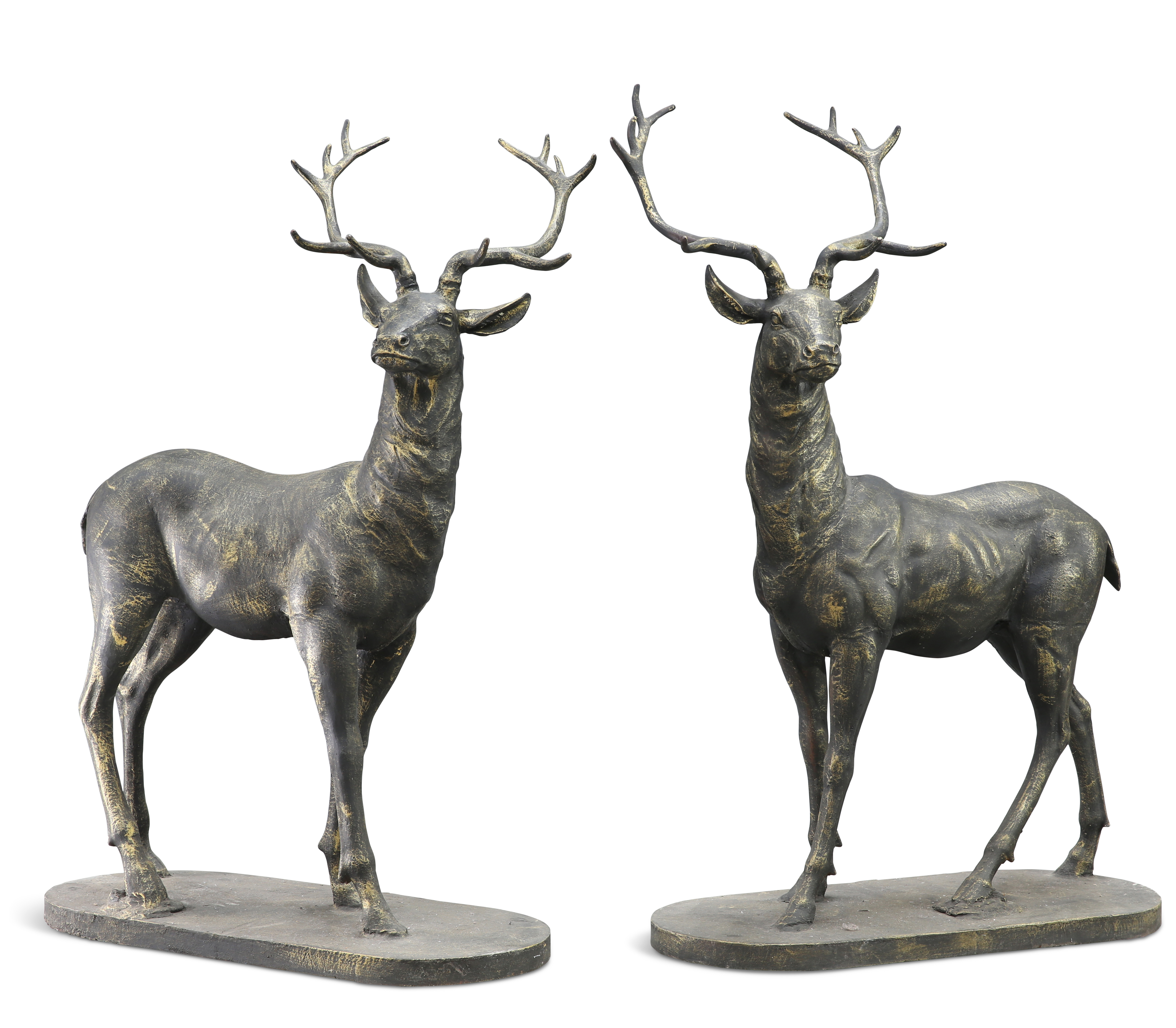 A HUGE PAIR OF PATINATED METAL MODELS OF STAGS