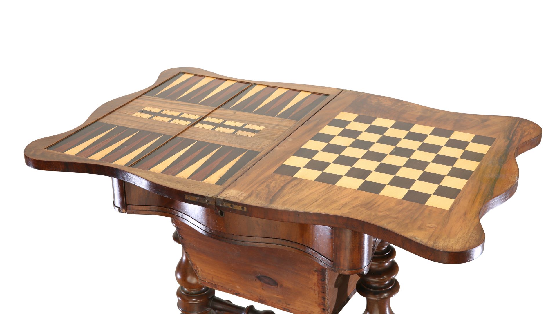 A VICTORIAN WALNUT GAMING AND SEWING TABLE - Image 3 of 4
