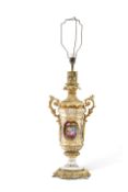 A LARGE 19TH CENTURY CONTINENTAL GILT-METAL MOUNTED PORCELAIN TABLE LAMP,