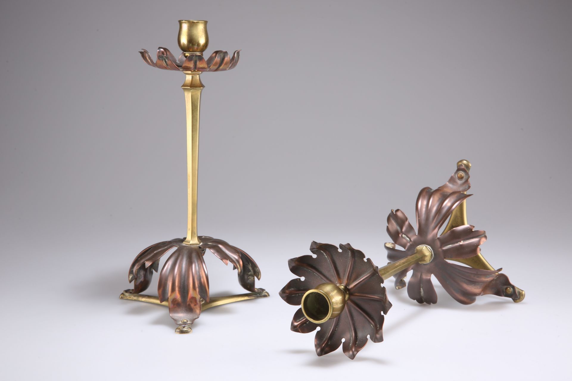 WILLIAM ARTHUR SMITH (W.A.S) BENSON (1854-1924), A PAIR OF ARTS & CRAFTS BRASS AND COPPER CANDLESTIC - Image 3 of 3