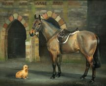 CAROLYN ALEXANDER (BORN 1948), HORSE AND NORFOLK TERRIER IN A YARD