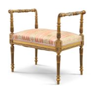 AN ADAM STYLE GILTWOOD AND UPHOLSTERED STOOL