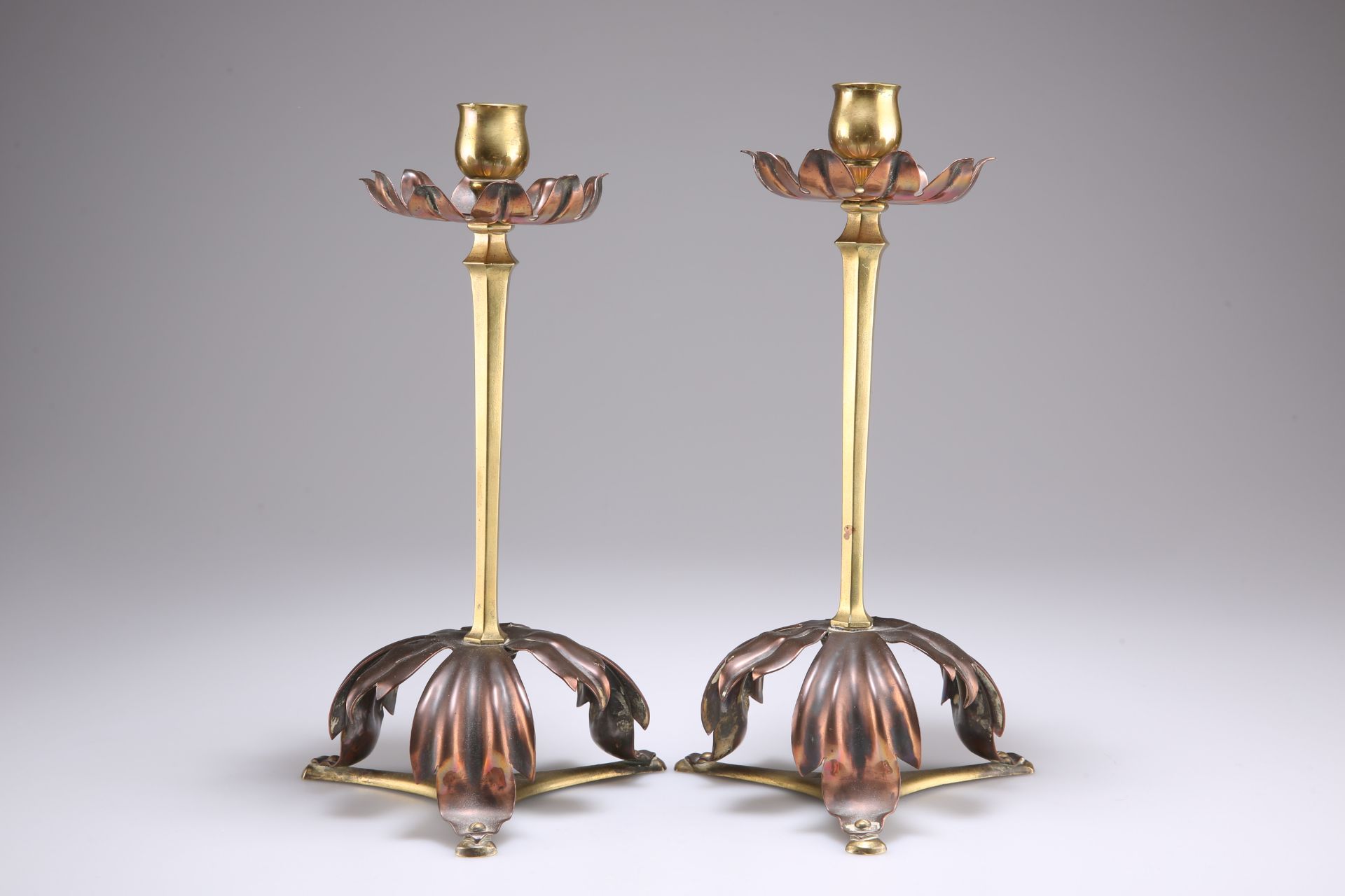 WILLIAM ARTHUR SMITH (W.A.S) BENSON (1854-1924), A PAIR OF ARTS & CRAFTS BRASS AND COPPER CANDLESTIC - Image 2 of 3