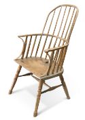 A PRIMITIVE ELM STICK-BACK WINDSOR CHAIR, 19TH CENTURY