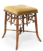 A FRENCH FAUX BAMBOO BEECH AND UPHOLSTERED STOOL