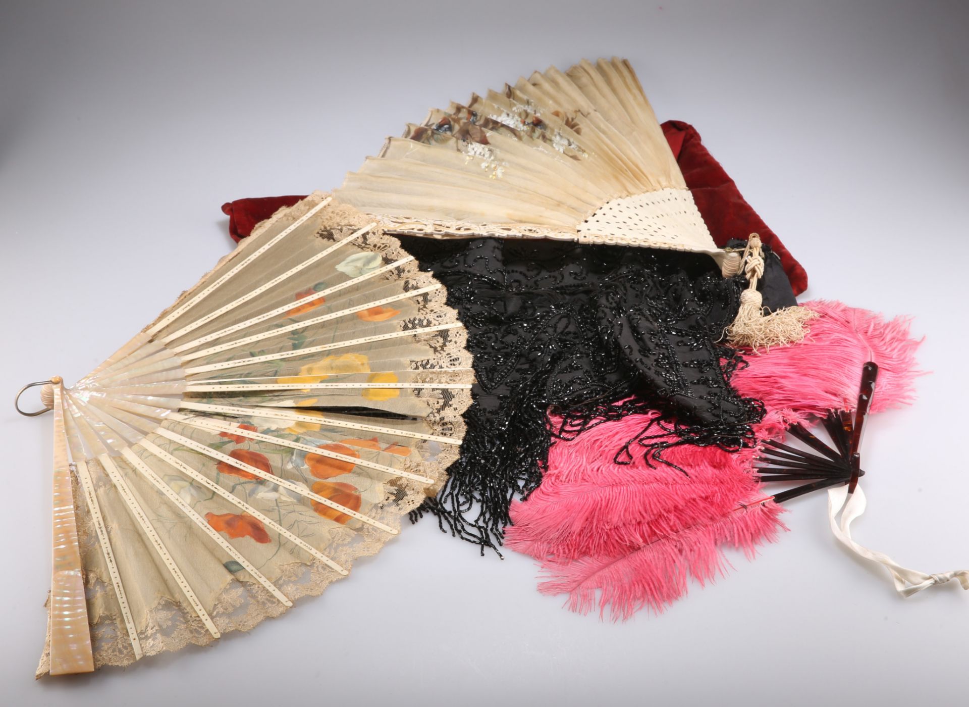 THREE 19TH CENTURY FANS, AND A JET BEADED CAPELET