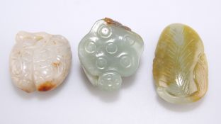 THREE CHINESE JADE FRUIT AND PLANT CARVINGS