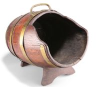 A VICTORIAN BRASS-BOUND COOPERED OAK BARREL-FORM COAL SCUTTLE