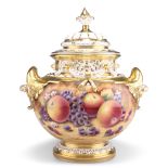 A LARGE ROYAL WORCESTER FRUIT PAINTED BOW VASE AND COVER