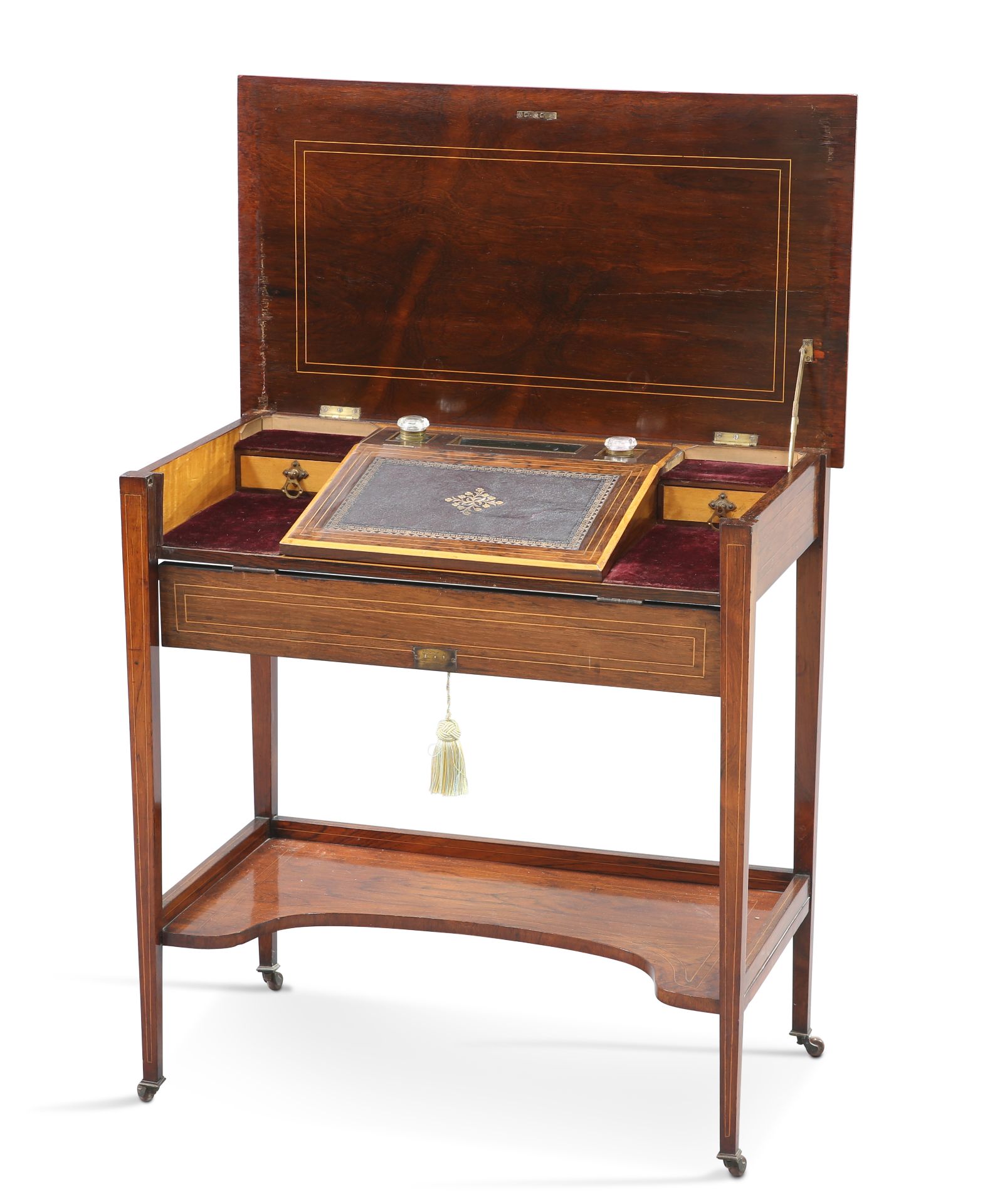 A LATE VICTORIAN STRING INLAID ROSEWOOD WRITING DESK