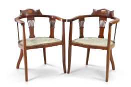 A PAIR OF EDWARDIAN INLAID MAHOGANY TUB CHAIRS