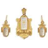 A VICTORIAN ETRUSCAN REVIVAL LOCKET PENDANT AND EARRINGS SUITE