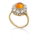 A FIRE OPAL AND DIAMOND CLUSTER RING