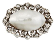 A BLISTER PEARL AND DIAMOND BROOCH