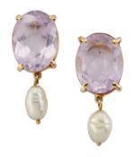 A PAIR OF 18 CARAT GOLD ROSE QUARTZ AND PEARL EARRINGS