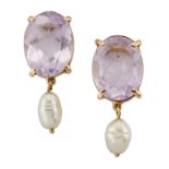 A PAIR OF 18 CARAT GOLD ROSE QUARTZ AND PEARL EARRINGS