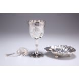 A VICTORIAN SILVER GOBLET, CADDY SPOON AND EDWARDIAN SHELL-FORM DISH