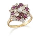 AN 18 CARAT GOLD RUBY AND DIAMOND CLUSTER RING