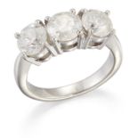 AN 18 CARAT WHITE GOLD DIAMOND THREE STONE RING