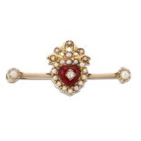 AN ENAMEL, DIAMOND AND SEED PEARL BAR BROOCH