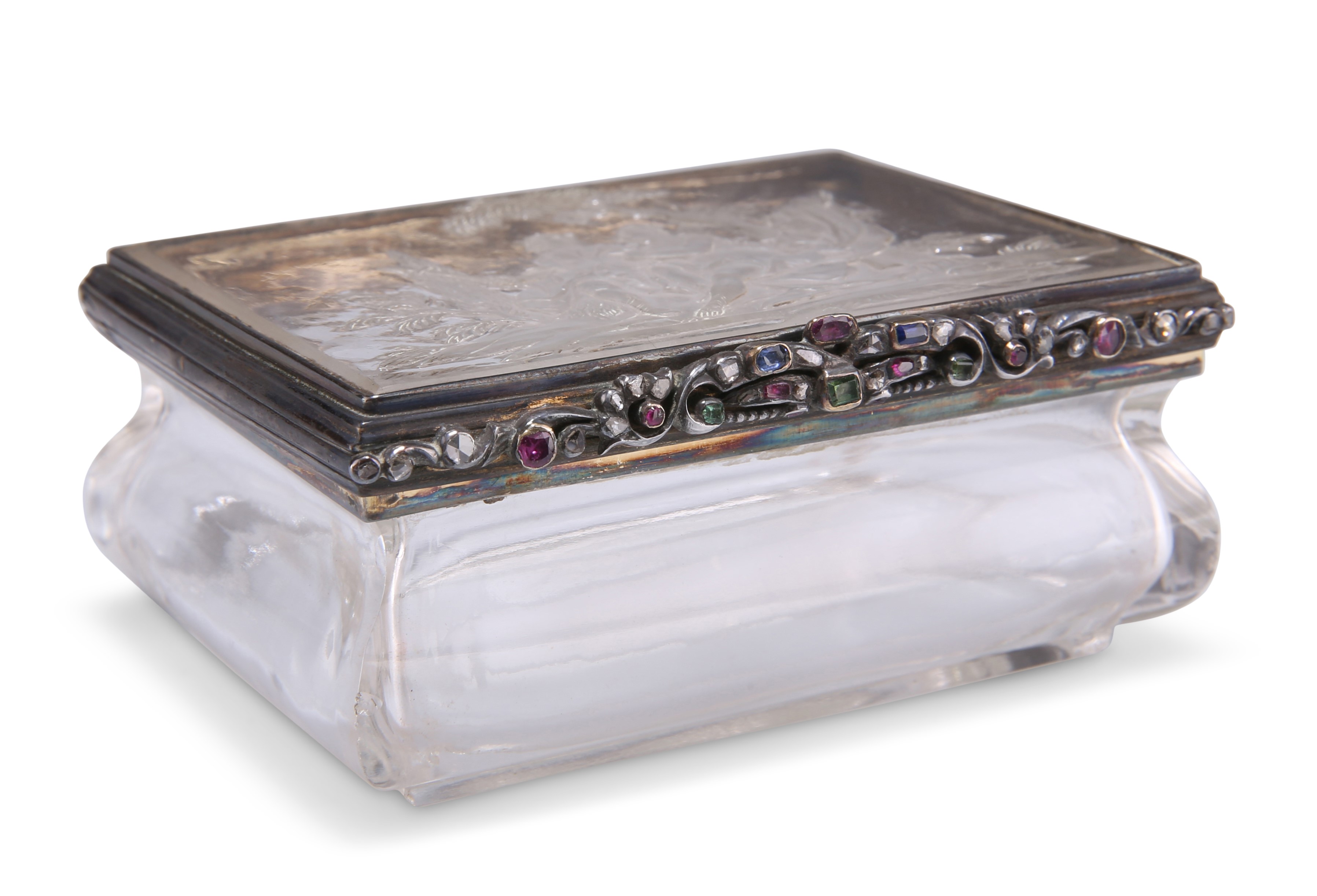A 19TH CENTURY CONTINENTAL DIAMOND AND RUBY SET ROCK CRYSTAL BOX