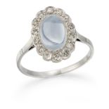 A MOONSTONE AND DIAMOND CLUSTER RING