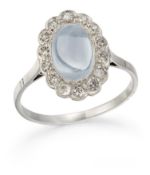 A MOONSTONE AND DIAMOND CLUSTER RING