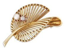 A DIAMOND AND PEARL LEAF BROOCH