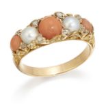 A CORAL, SPLIT PEARL AND DIAMOND RING