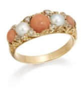 A CORAL, SPLIT PEARL AND DIAMOND RING
