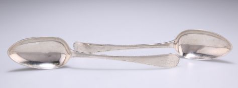 A PAIR OF GEORGE III SILVER FEATHER-EDGED TABLESPOONS