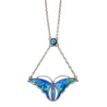 CHARLES HORNER - A SILVER AND ENAMEL BUTTERFLY PENDANT ON CHAIN