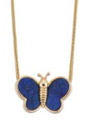 A LAPIS LAZULI BUTTERFLY PENDANT ON CHAIN